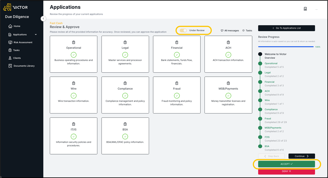 Figure 13.  Under review toggle  commences review. Once compelte application is accepted on denied