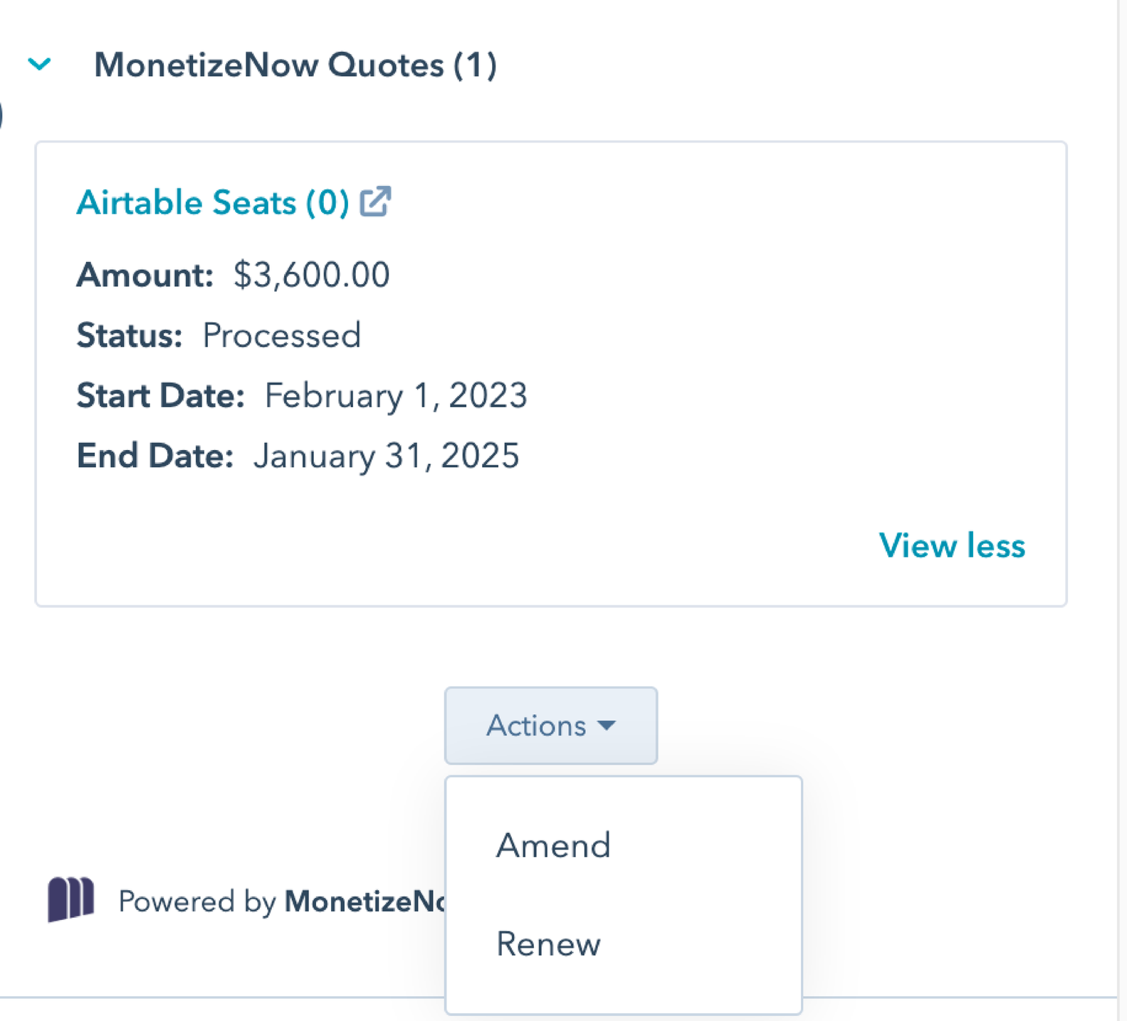 CRM deal card showing data for a finalized quote