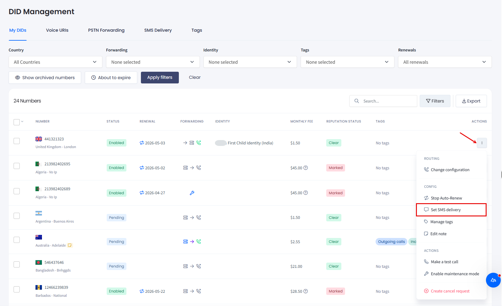 Screenshot of the Set SMS delivery action
