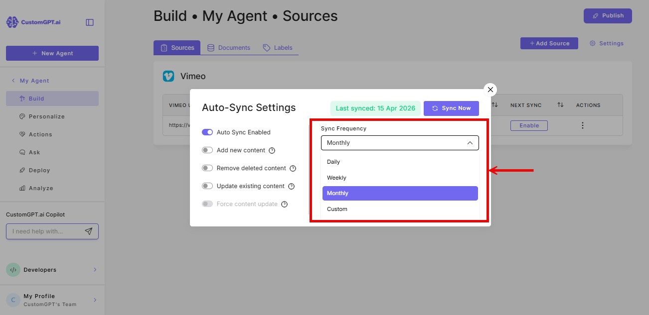 Dropdown to set frequency for auto-sync for Vimeo