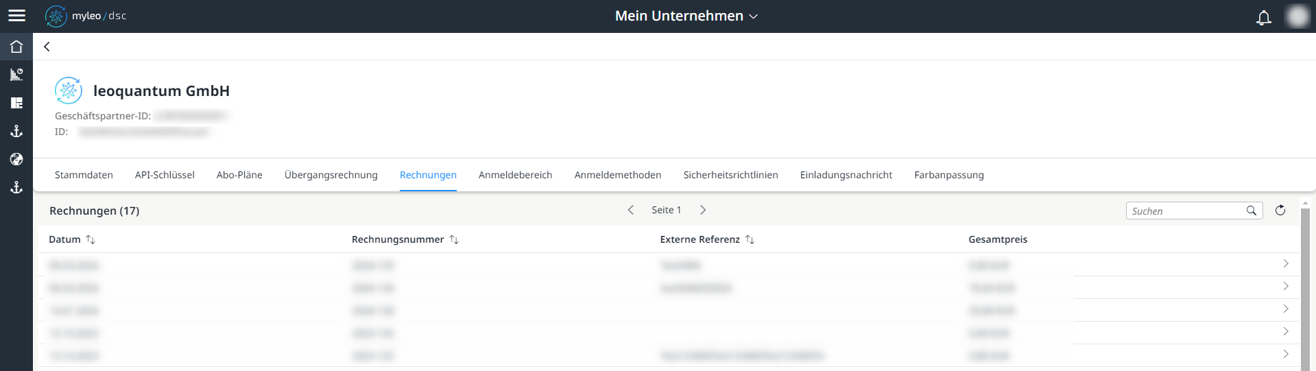 Mein Unternehmen - Tab "Rechnungen"