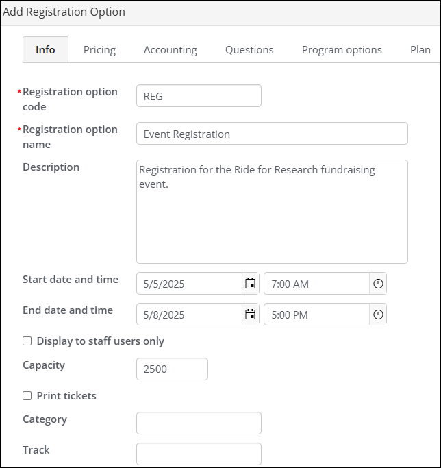 The input fields for the new registration option contain the details defined in step four.
