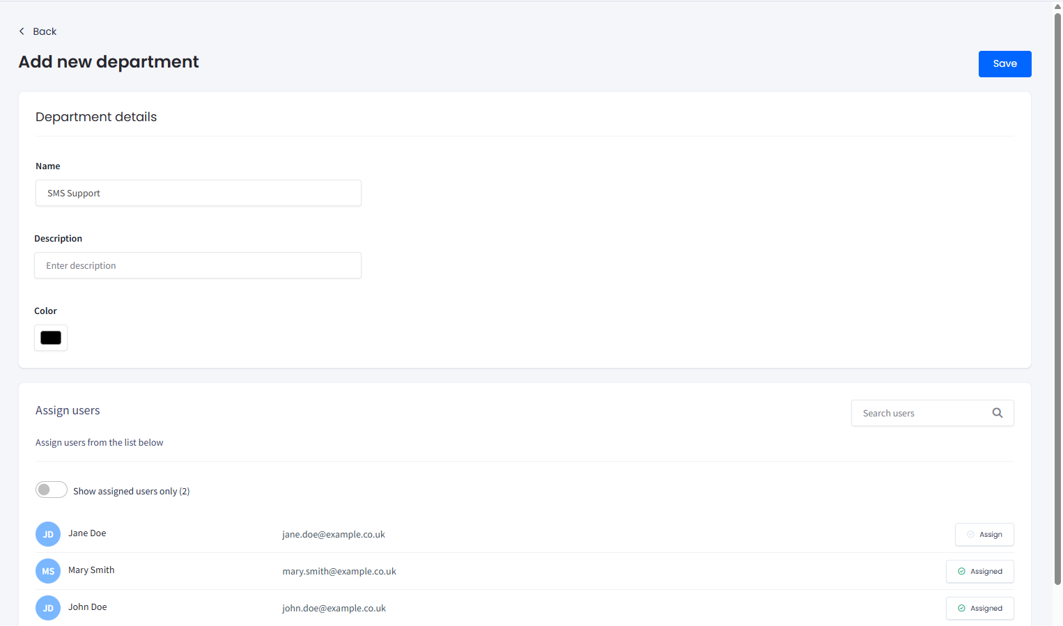 Screenshot of the Adding new department page
