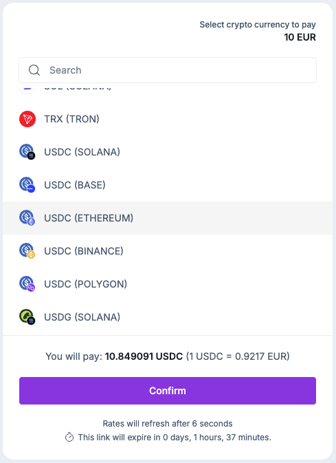 The sequence diagram for a crypto payment in followed in this guide.