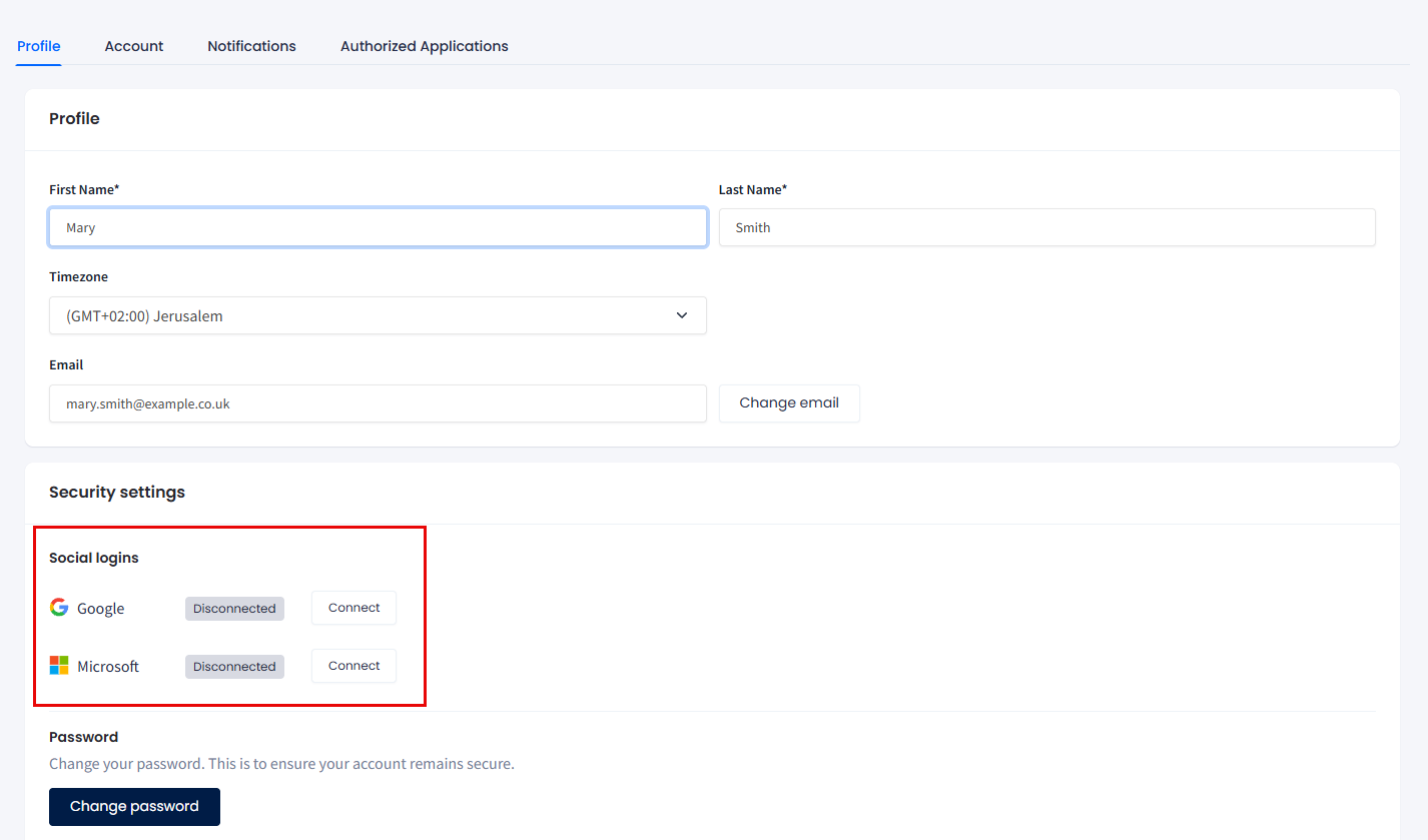 Screenshot of the Social logins section
