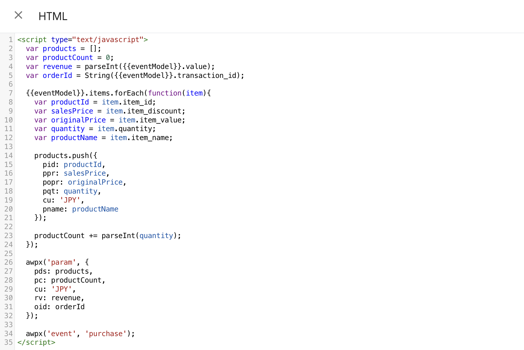 a sample implementation of purchase as a custom HTML on GTM