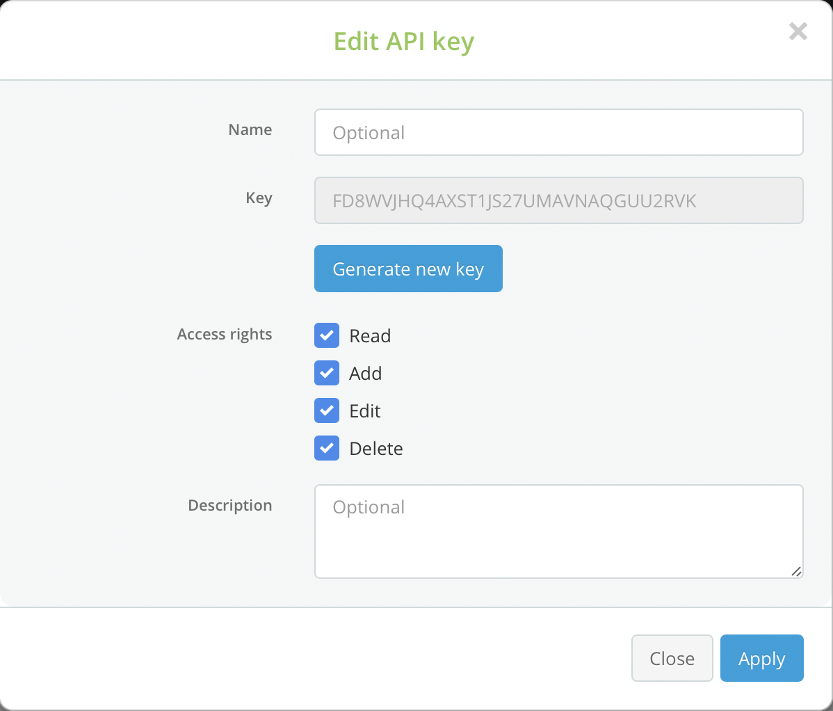 API key creation screen.