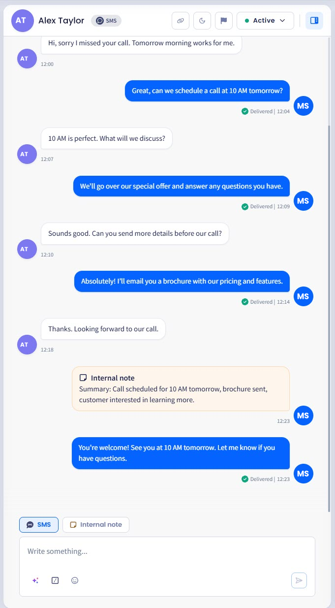 Screenshot of the inbox conversation timeline box and message editor