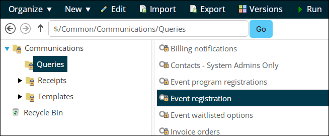 From the queries folder select the event registration query.