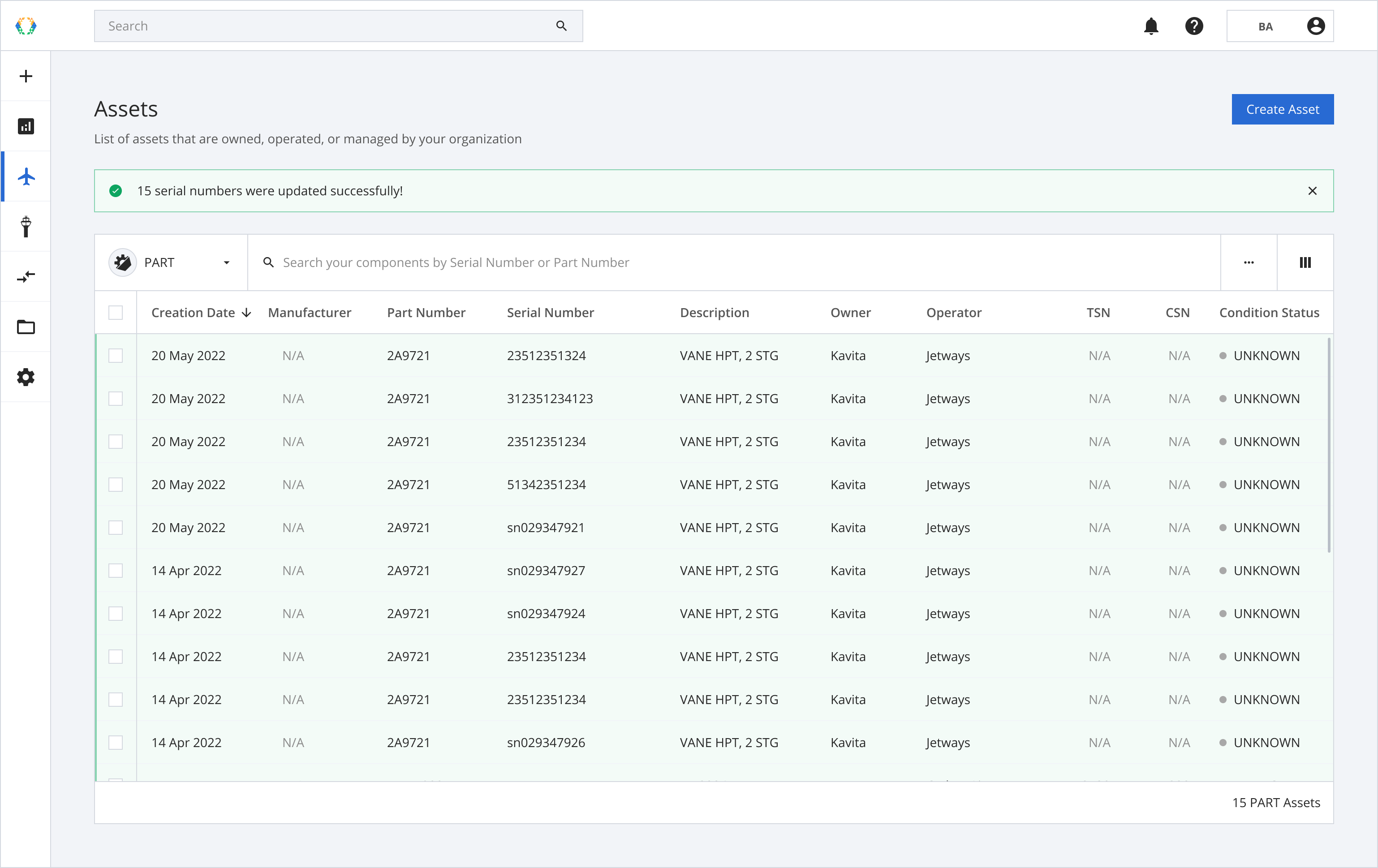 Assets' serial numbers were successfully updated