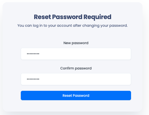 Screenshot of Reset Password Required page