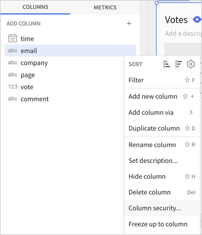 Column menu open, showing the Column security option after the Delete column option.