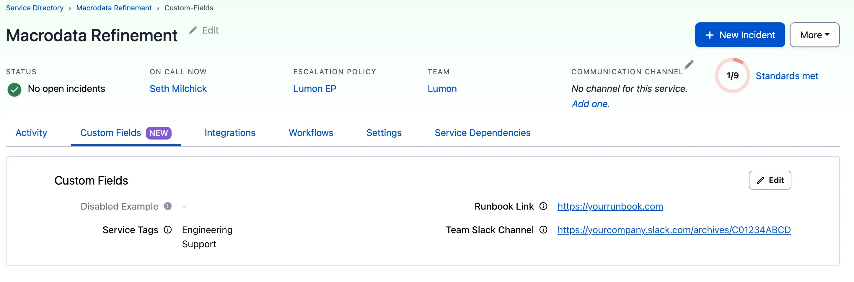 A screenshot of the PagerDuty web app showing Service Custom Fields on a service's details page