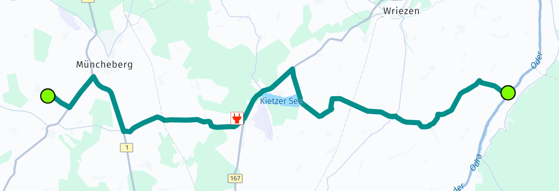 Screenshot: Showing a route for electric vehicles.