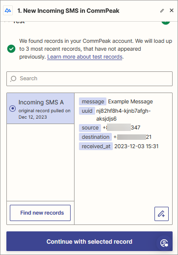 Screenshot of the **New Incoming SMS in CommPeak** event dialog: selecting incoming message