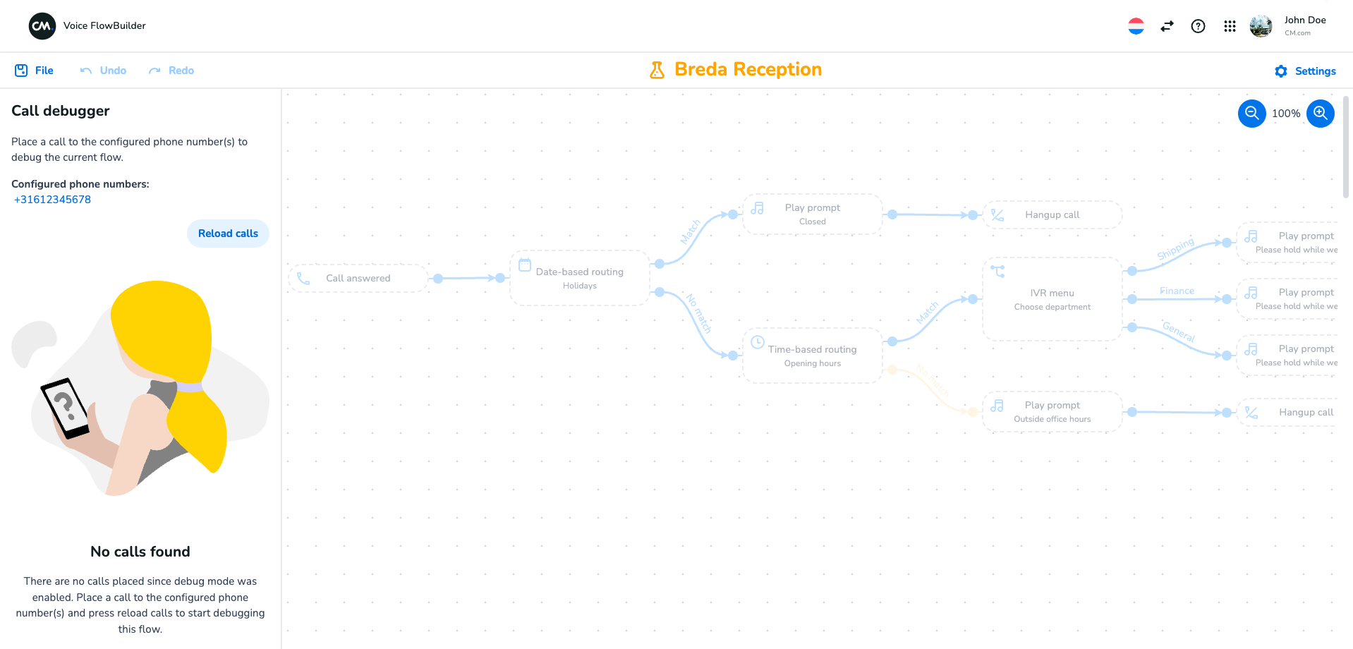 Callflow editor with debug mode enabled.