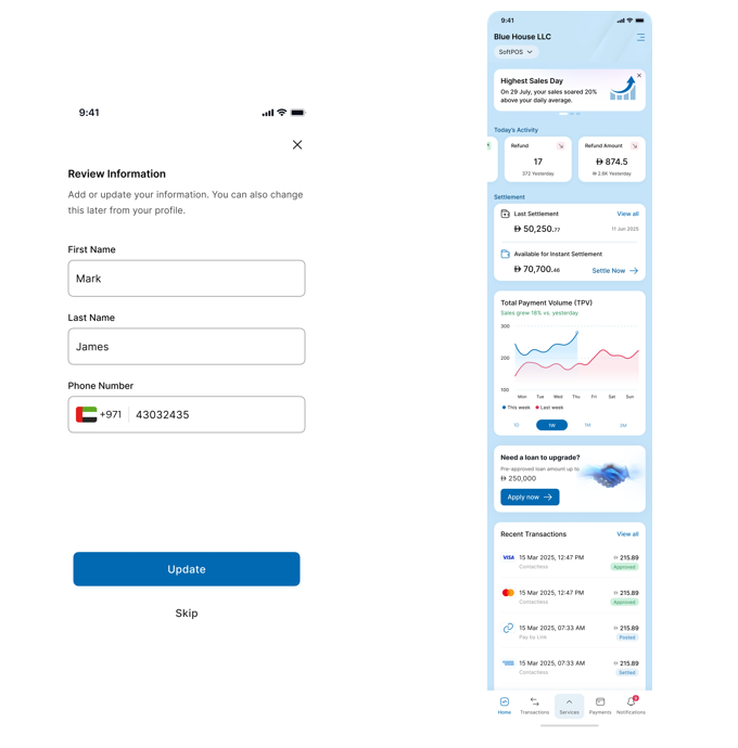 Account creation summary screeen with quick access features.