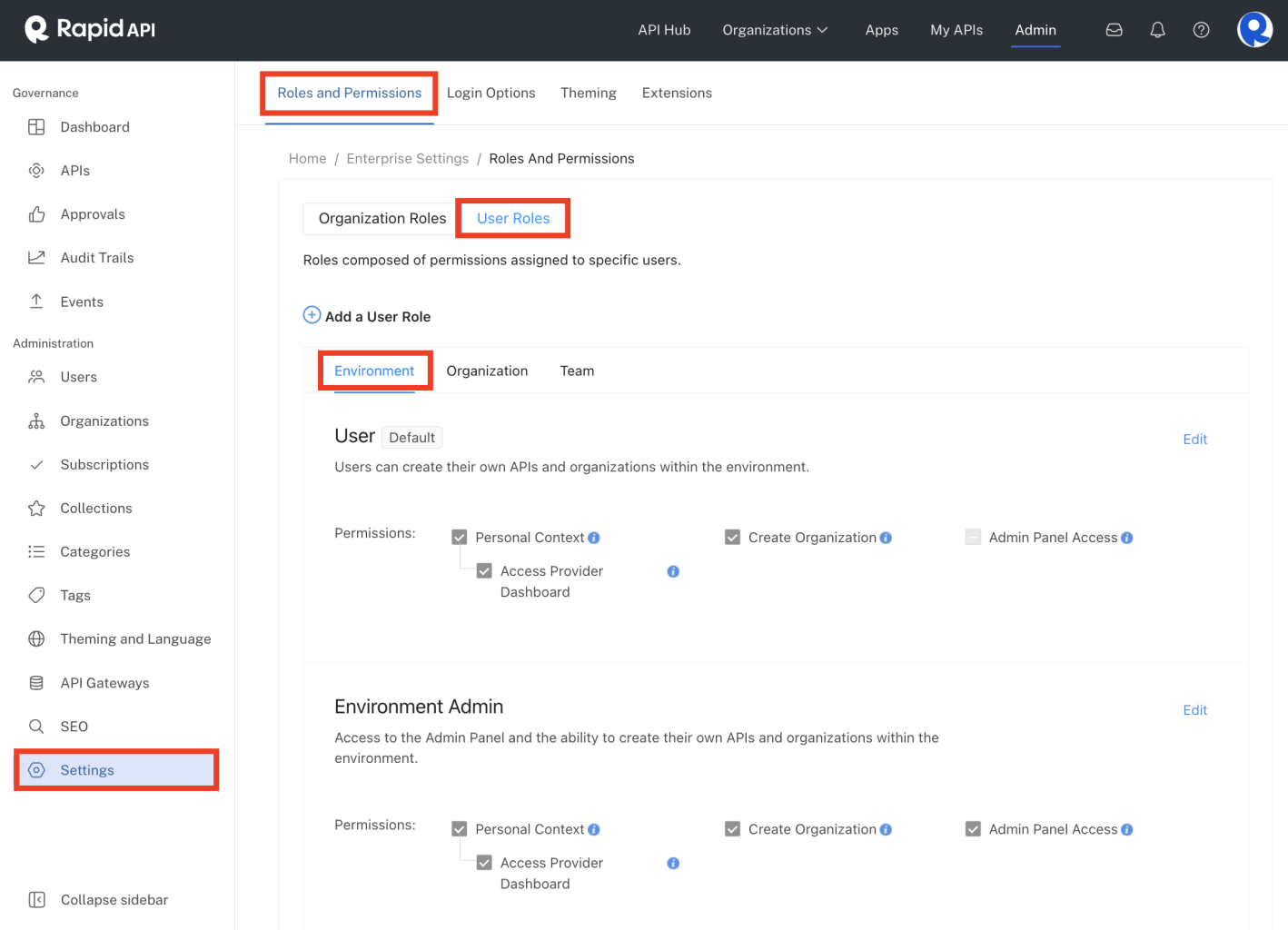 Environment user roles in the Admin Panel.