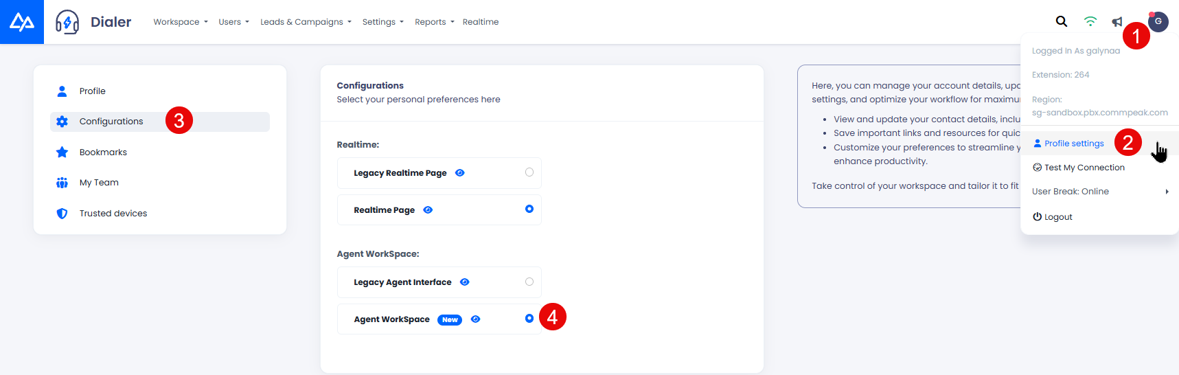 Screenshot with steps to enabling the Agent Workspace