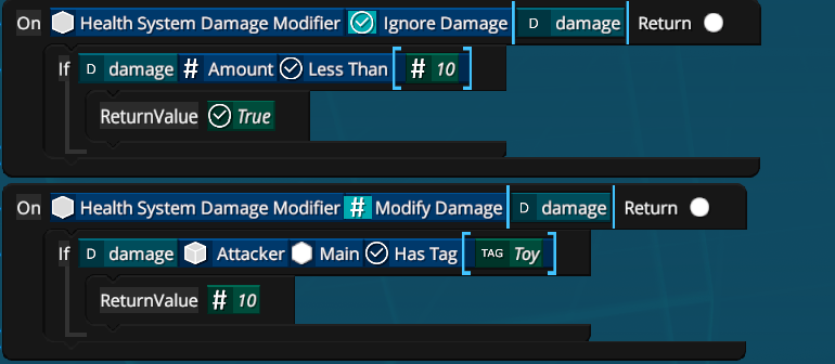 The 'Health System Damage Modifer' component has a 'Ignore Damage' return value event. This script returns 'True' if the damage is less than 10.

This script can also modify the damage done -  setting it to 10 if the damage is from a Toy