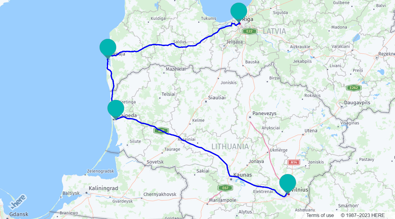 Route that includes via waypoints