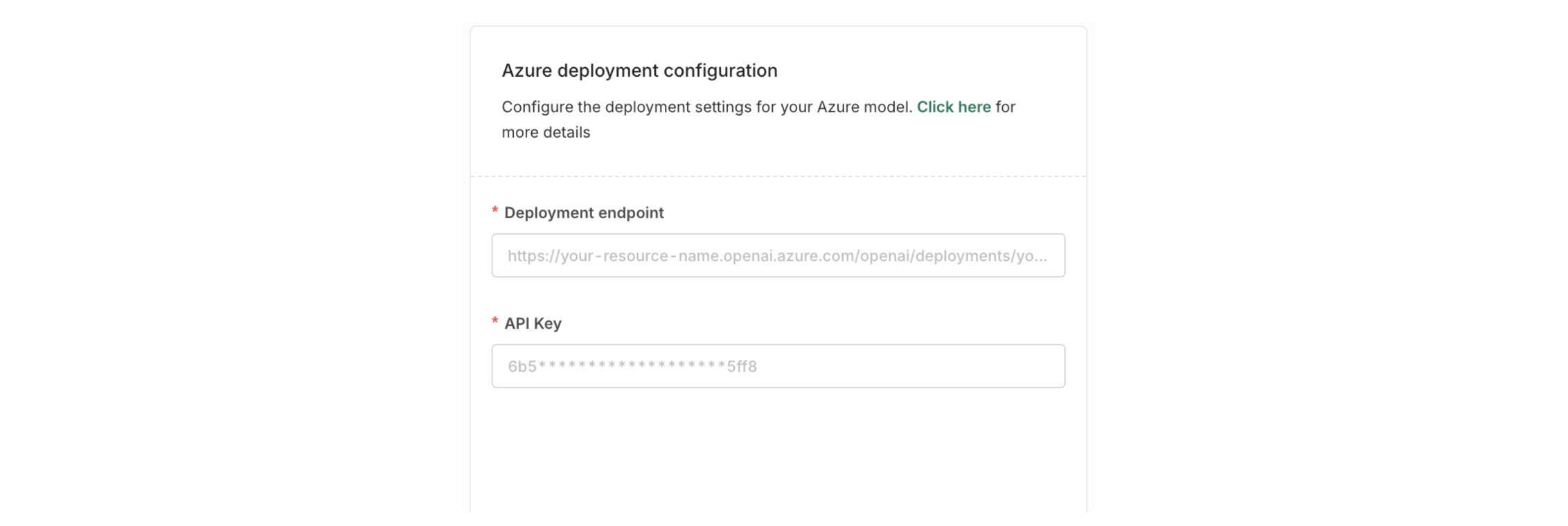 Here an example configuration for an _Azure_ model, entering the endpoint and API Key will make your private model available on the platform.