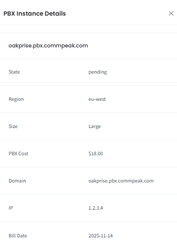 Screenshot of the PBX Instance details side panel