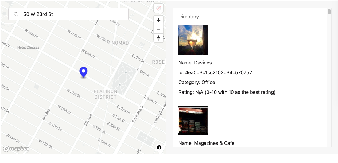 Search for a place or an address and display its lat/long within a map along with a directory of businesses located at that address.