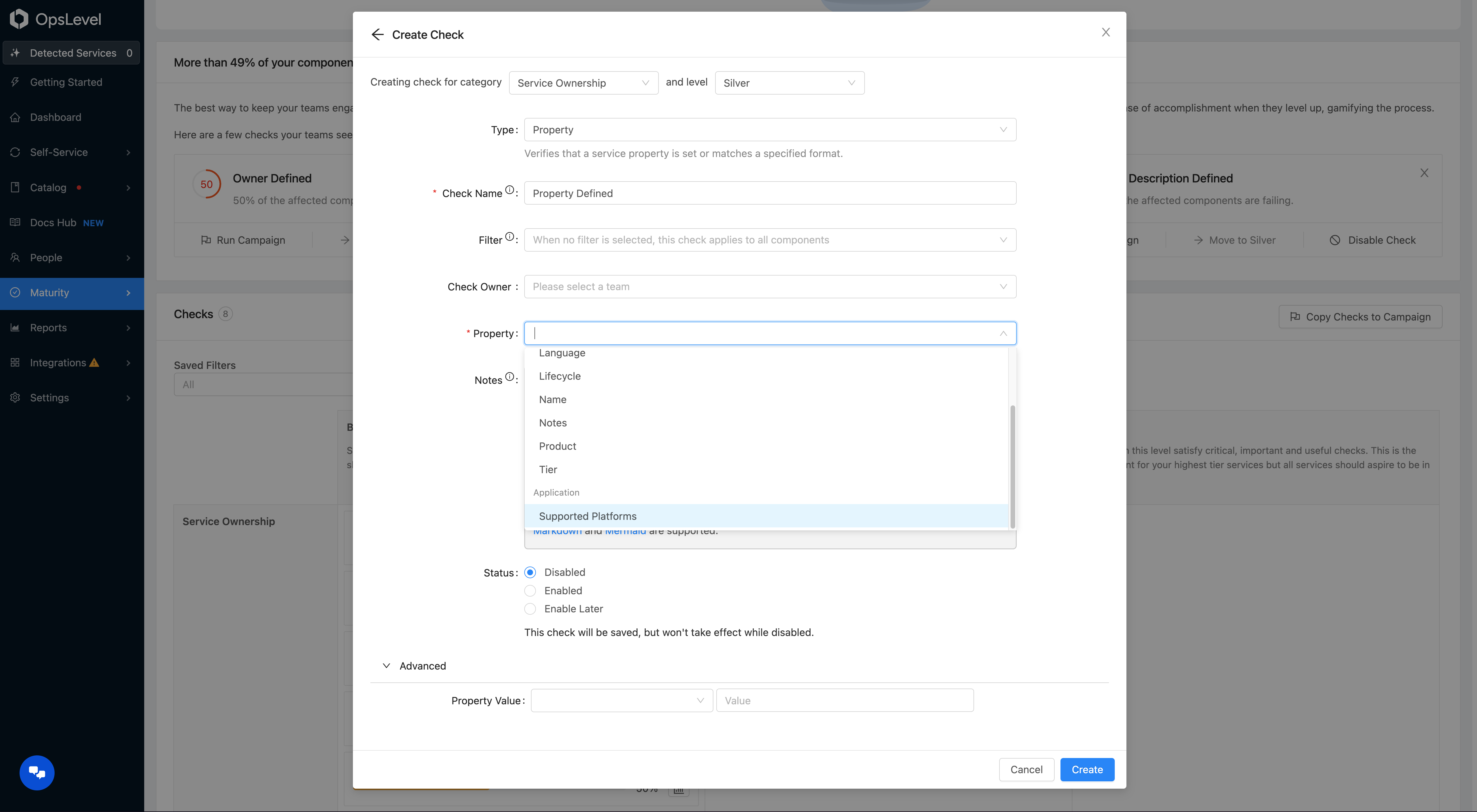 Configuring a Property Check on a custom property.