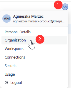 The settings menu expanded with the organization option higlighted