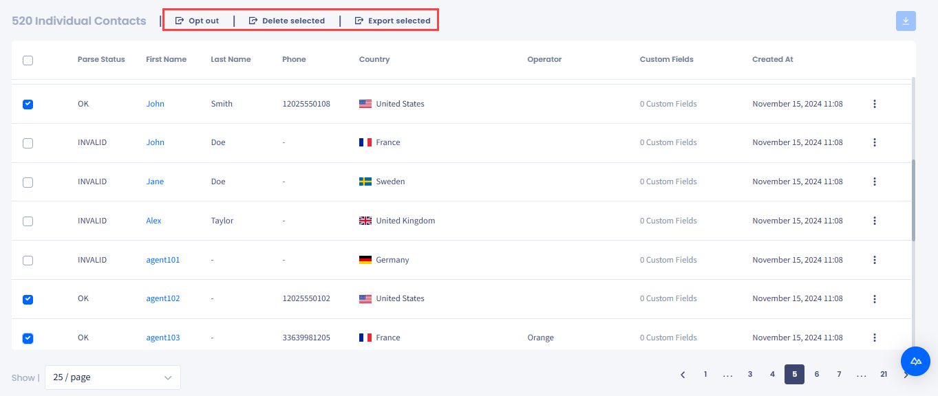 Screenshot of the contact management controls