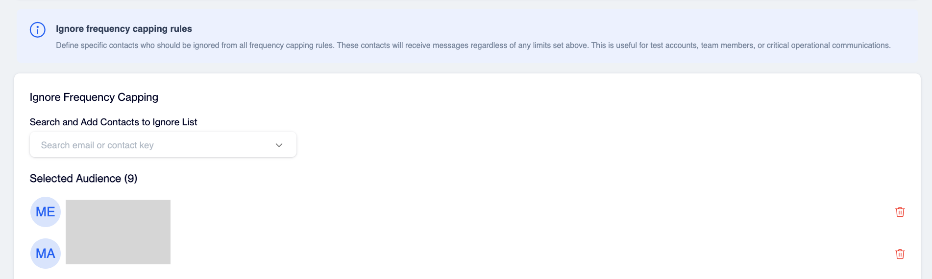Ignore Frequency Capping section with a search field for email or contact key and the Selected Audience list of contacts, each with a delete icon