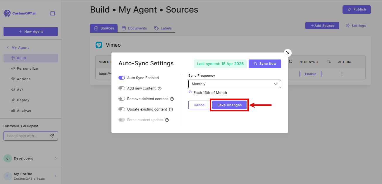 Save changes button to enable auto-sync for Vimeo