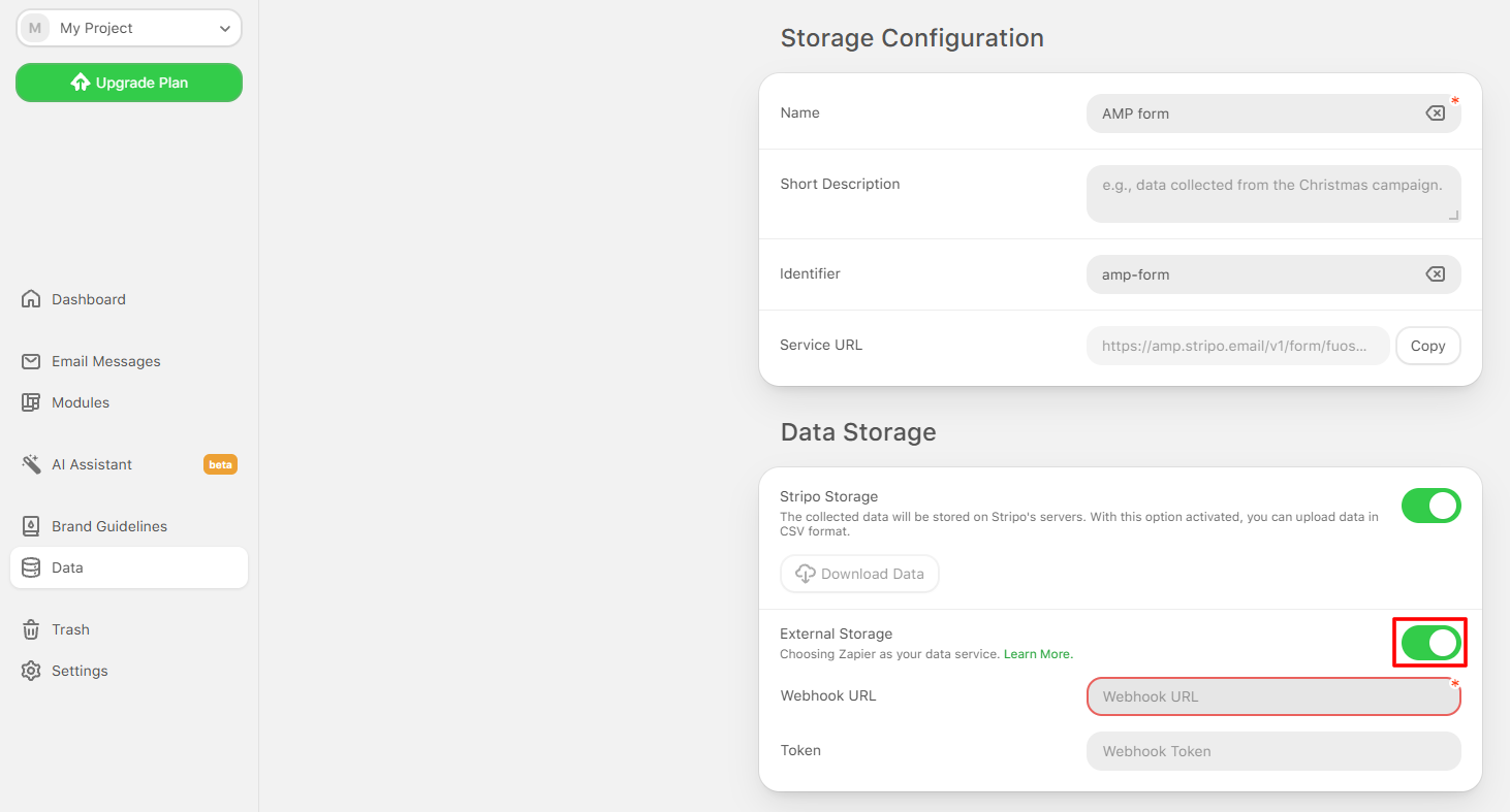 External Storage toggle turned on with the Webhook URL and Token fields below it