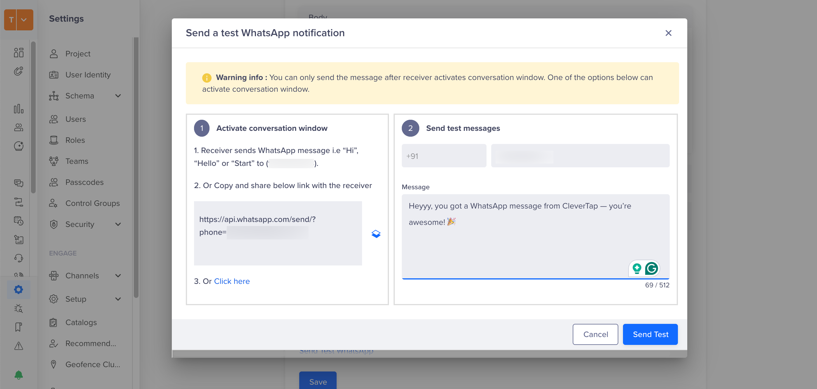 Send a test message on whatsapp