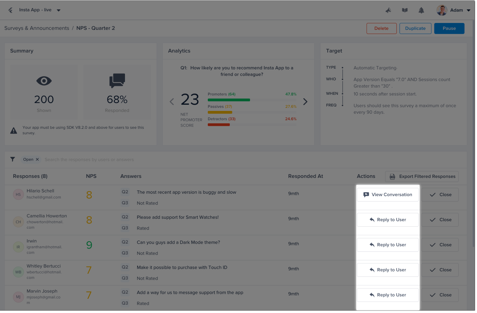Click on the buttons shown here in the survey results page of your dashboard to open a conversation with your survey responders