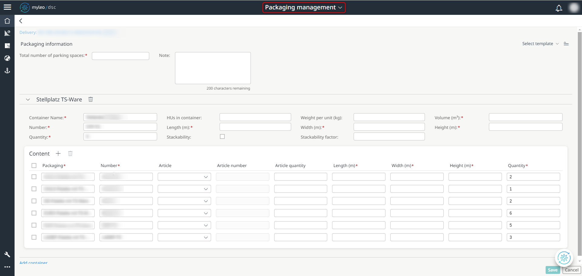 Packaging management (example view)