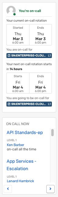 A screenshot of the PagerDuty web app showing on-call widgets