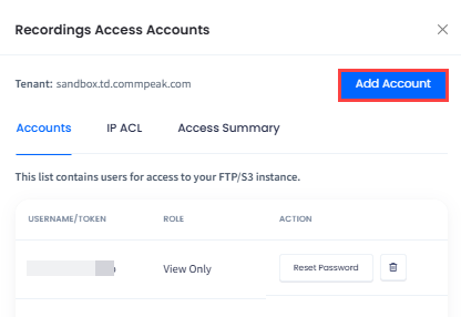Screenshot of the Recording Access Accounts sidebar
