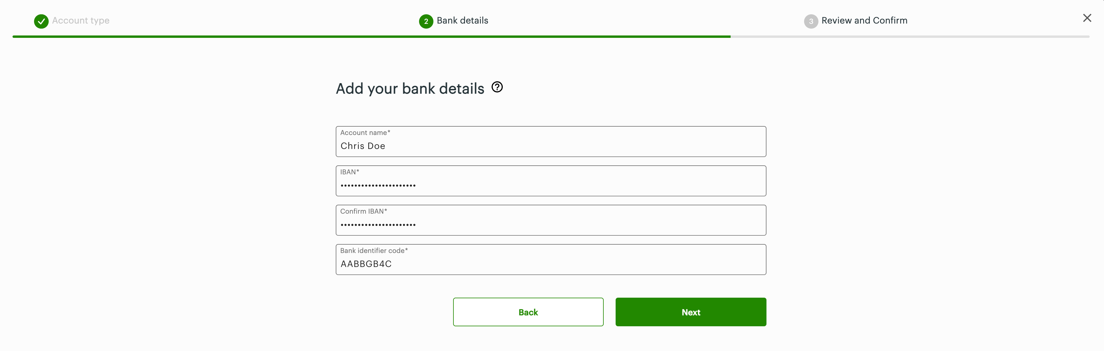 Add your bank details: IBAN