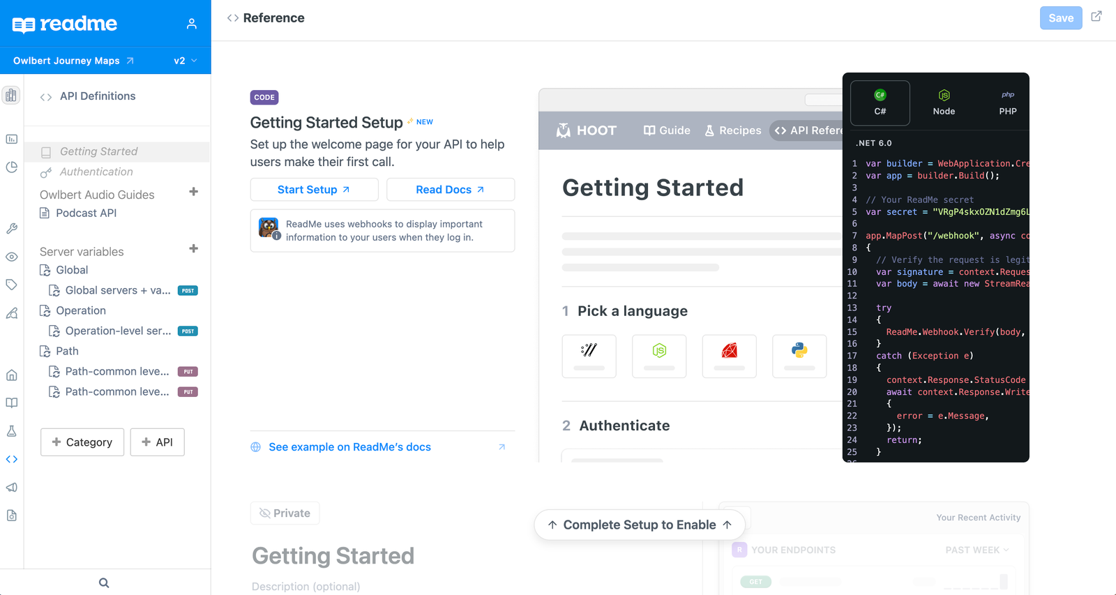 The Getting Started page in the API Reference section of your child project dashboard