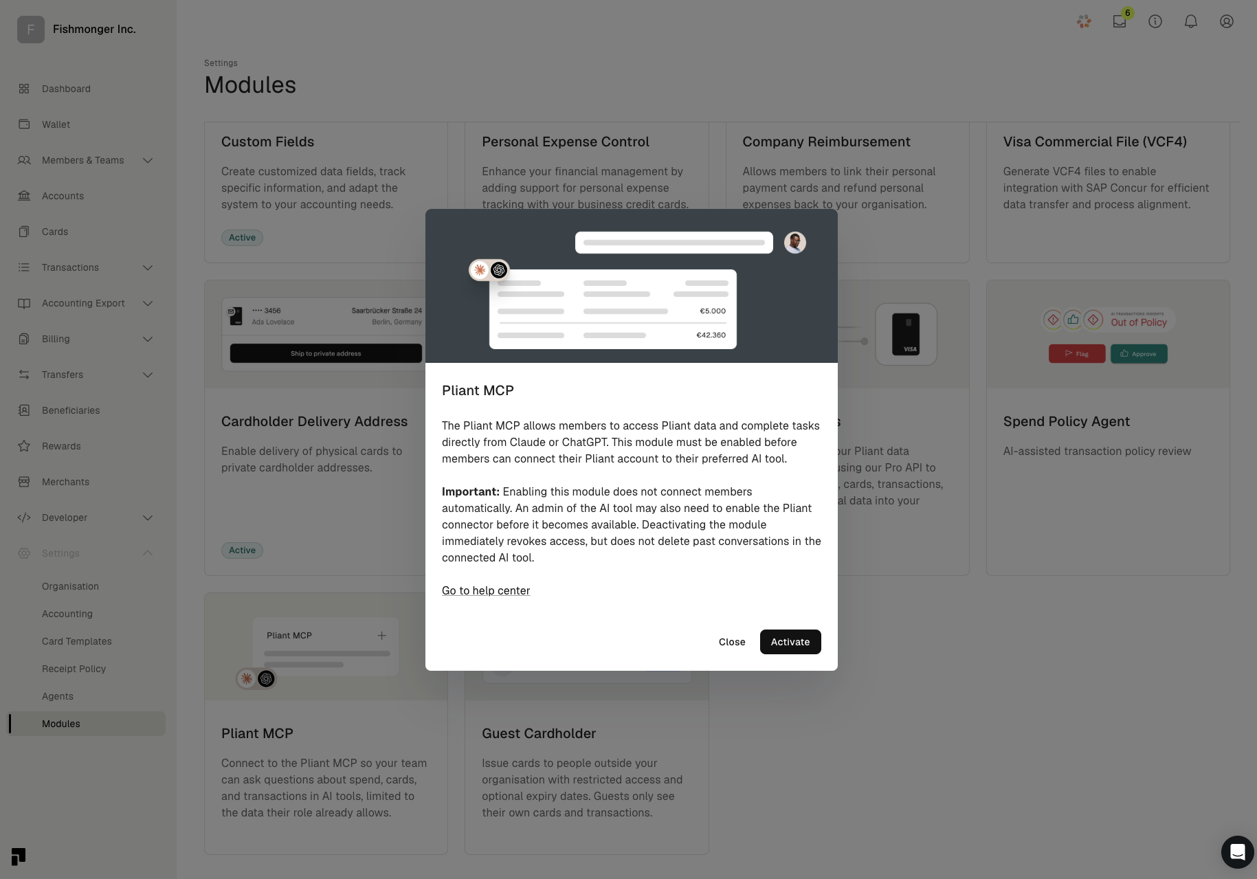 Activating the Pliant MCP module in Settings > Modules