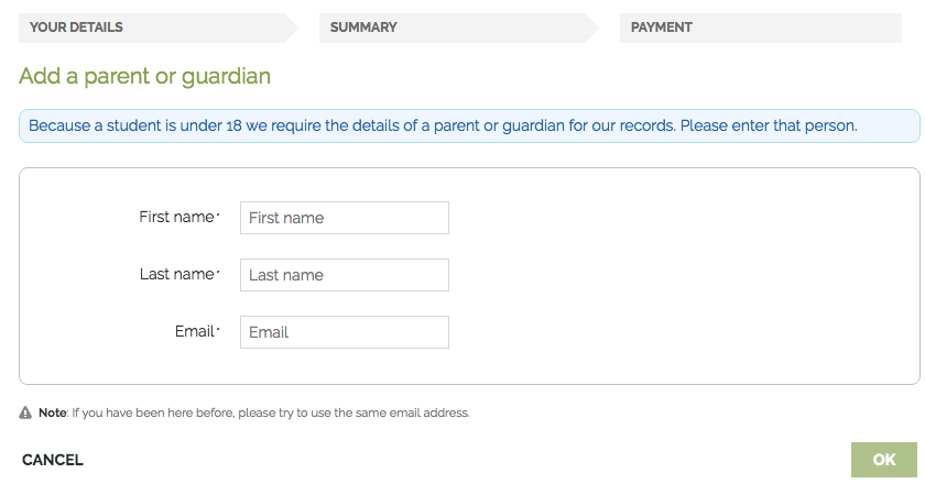 The Add a Parent or Guardian page is where you add your parent/guardian