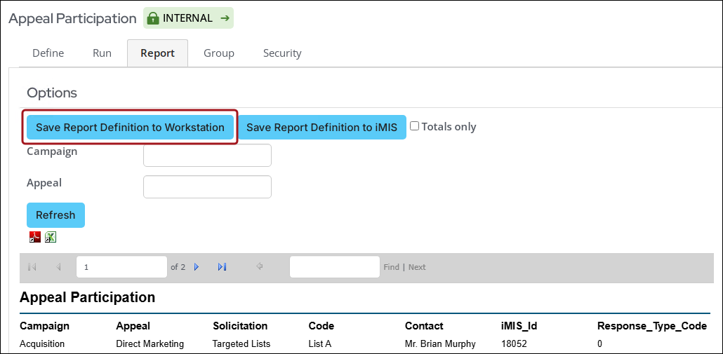 Saving the report definition to a workstation