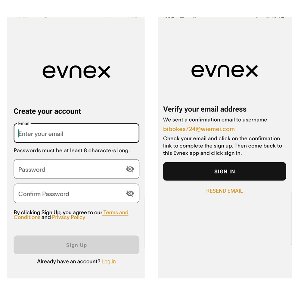 LEFT: Enter your email and create a password for your account // RIGHT: Once you've created an account you will be requested to verify it via your provided email address.