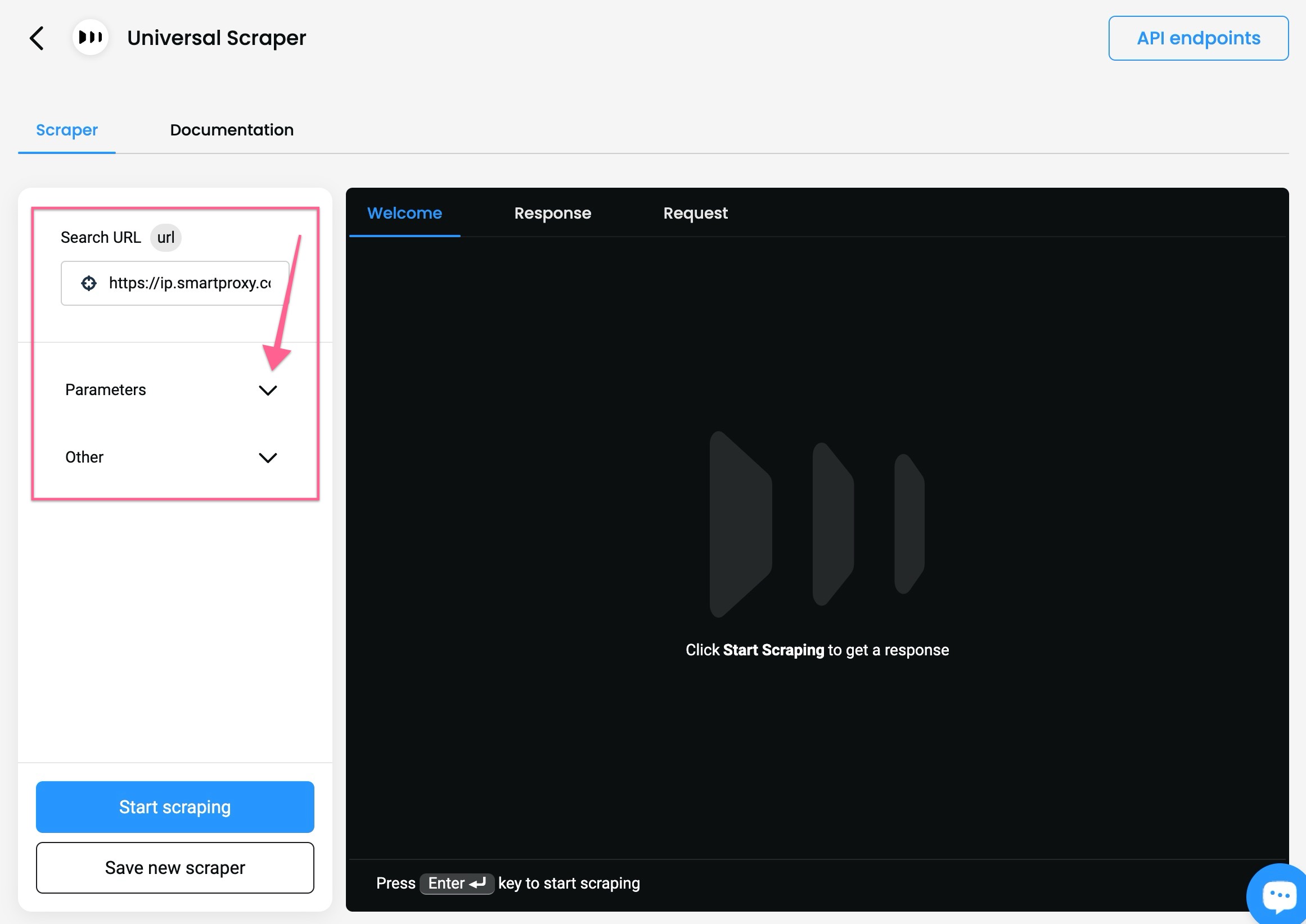 The Scrapers section – selecting parameters.