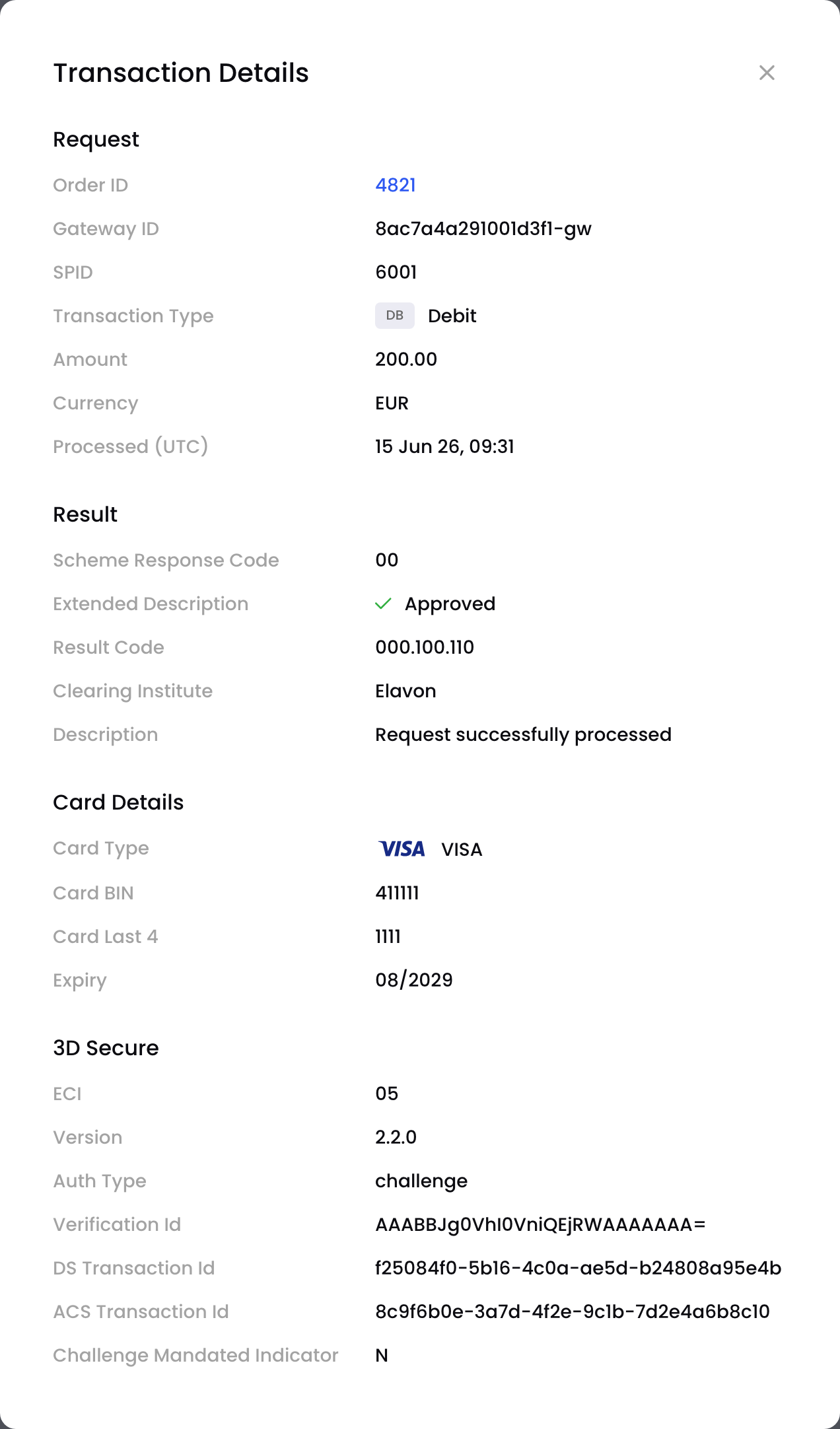 The Transaction Details pop-up with the 3D Secure section
