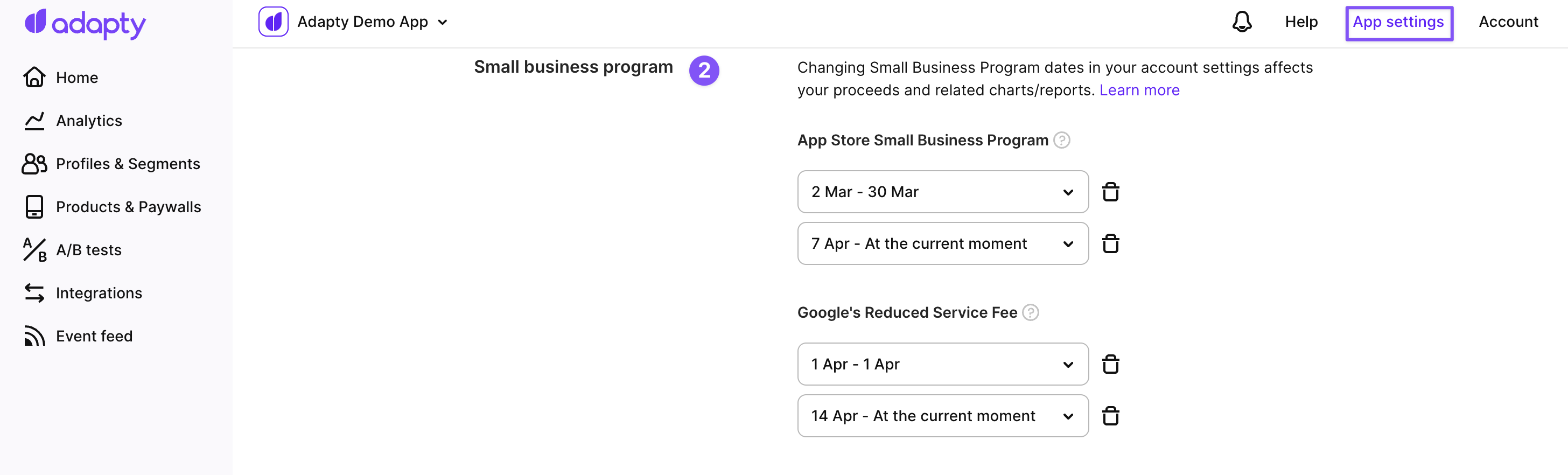 App settings - Member of Small Business Program and Reduced Service Fee