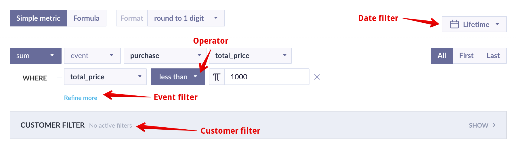 All 3 types of filters present (not only) when creating a metric
