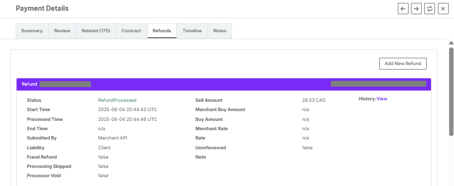 Screenshot of the Payment Details' Refunds tab